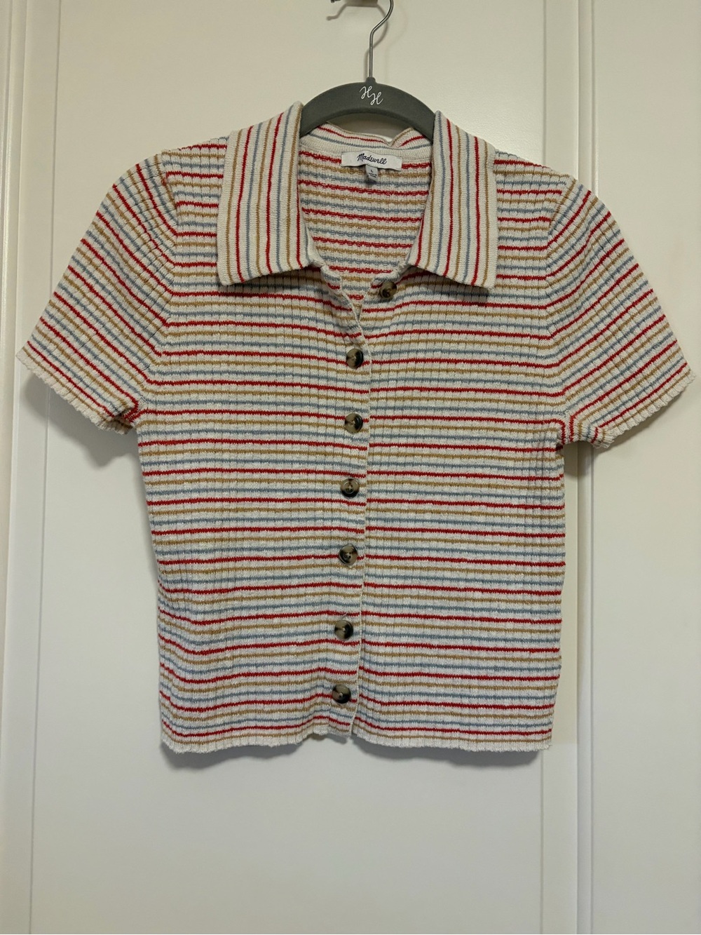 Classy❤️💙Madewell Cropped Preppy Ribbed Button-Up S/S Stipe Top 💙❤️